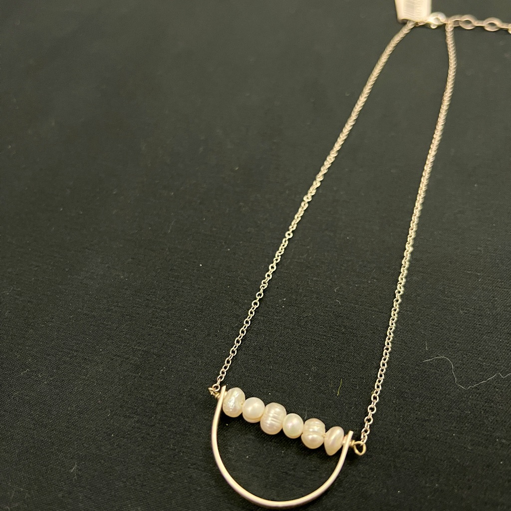 Silver Half Moon Necklace With Pearl Bead Accents